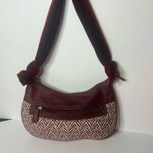 Oggi Hobo Shoulder Bag Purse Velvet Strap Burgandy Chevron Tweed 70s Boho Indie